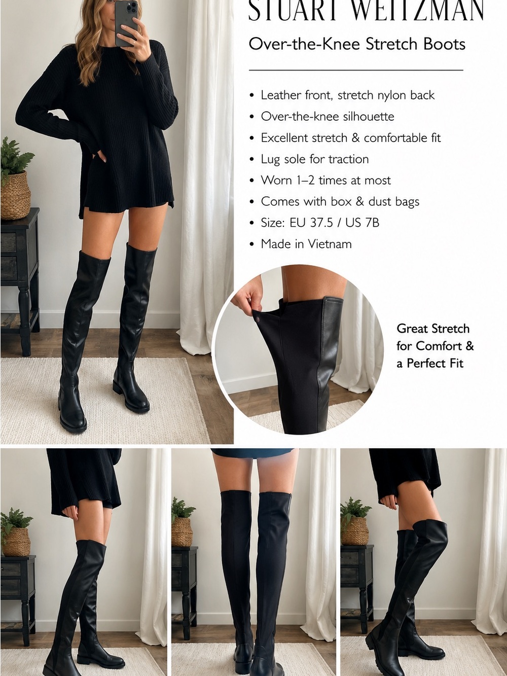 Stuart Weitzman Black Over The Knee Stretch Leather Boots EU 37.5 US 7